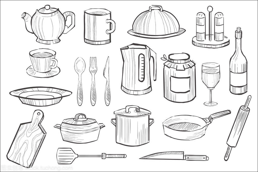 烹调设备成套, 厨房用具图标手绘矢量插图
